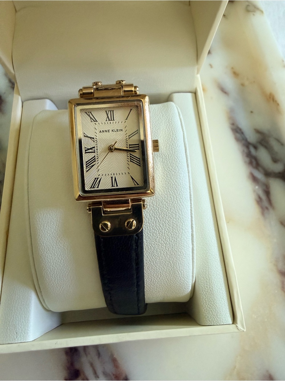 Anne Klein Gold Tone Rectangular Watch with Black Strap